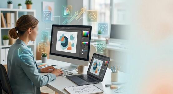 Student working on graphic design projects after c