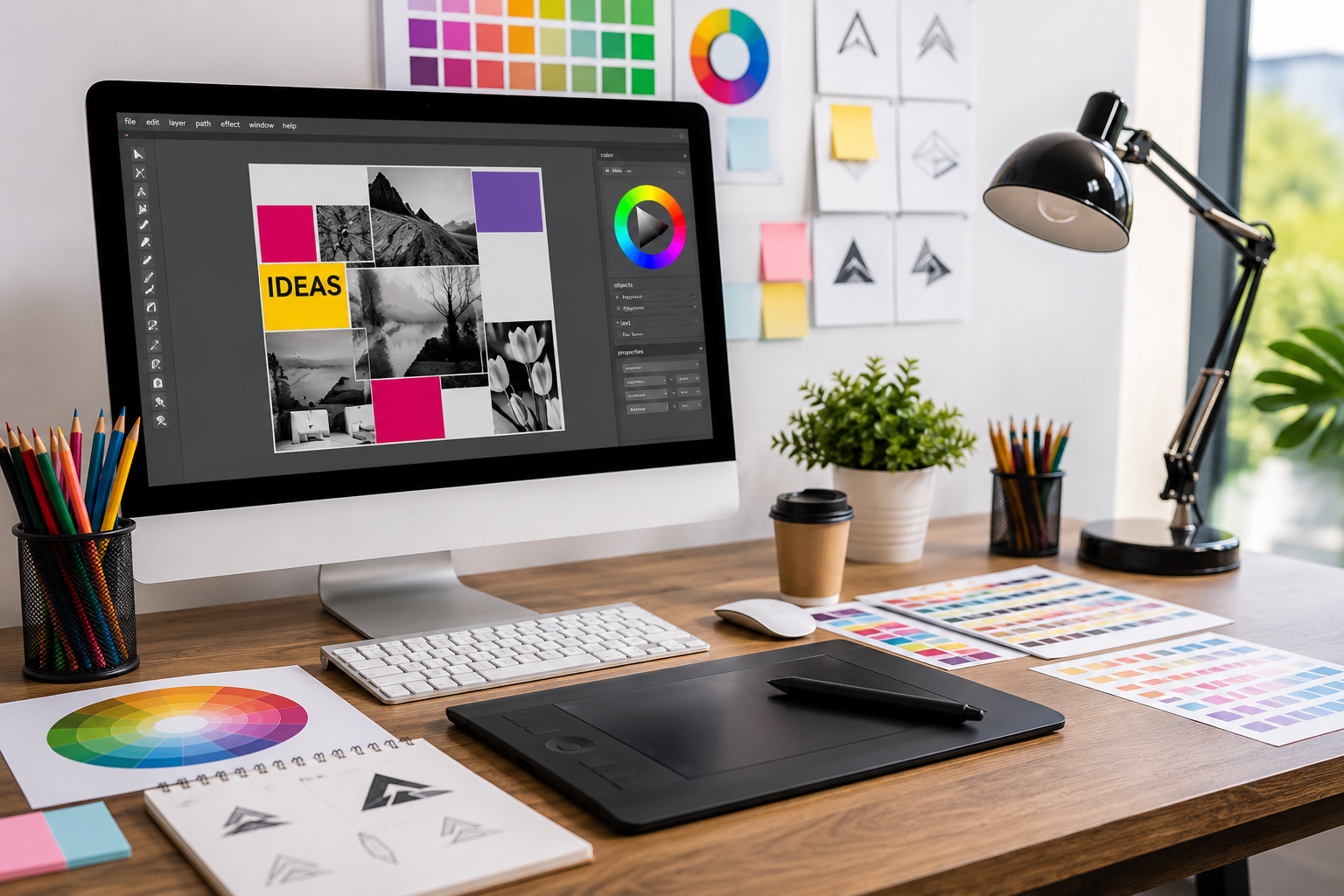 Students learning graphic design skills for creati