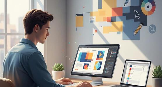 Graphic design course student working on computer