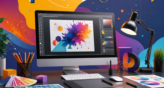Modern graphic design workspace with digital tools