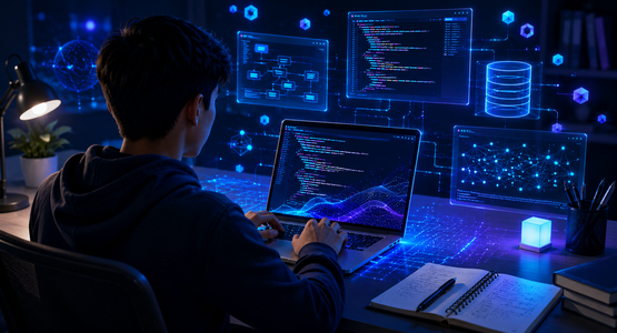 Student learning programming in a futuristic works