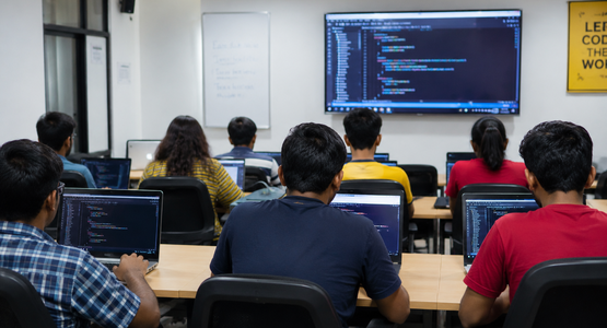 Students learning Python programming in a modern c