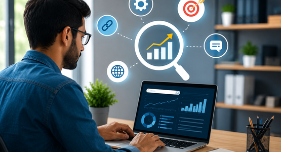 Professional working on SEO analytics and digital 